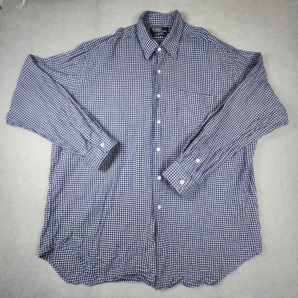 VTG Polo Ralph Lauren Shirt Men XL Western Marlowe Wool Blend Blue Check Casual